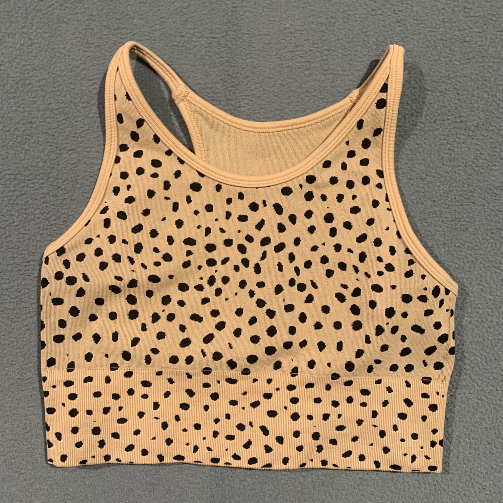 Zella Animal Print Elevate Racerback Tank Top Bra Tan Black Seamless Ribbed M